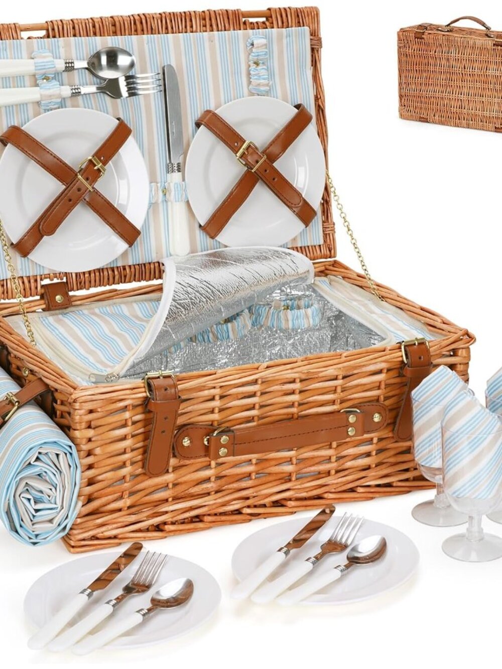 Wicker Picnic Basket Set for 4 Persons with Cooler & Blanket